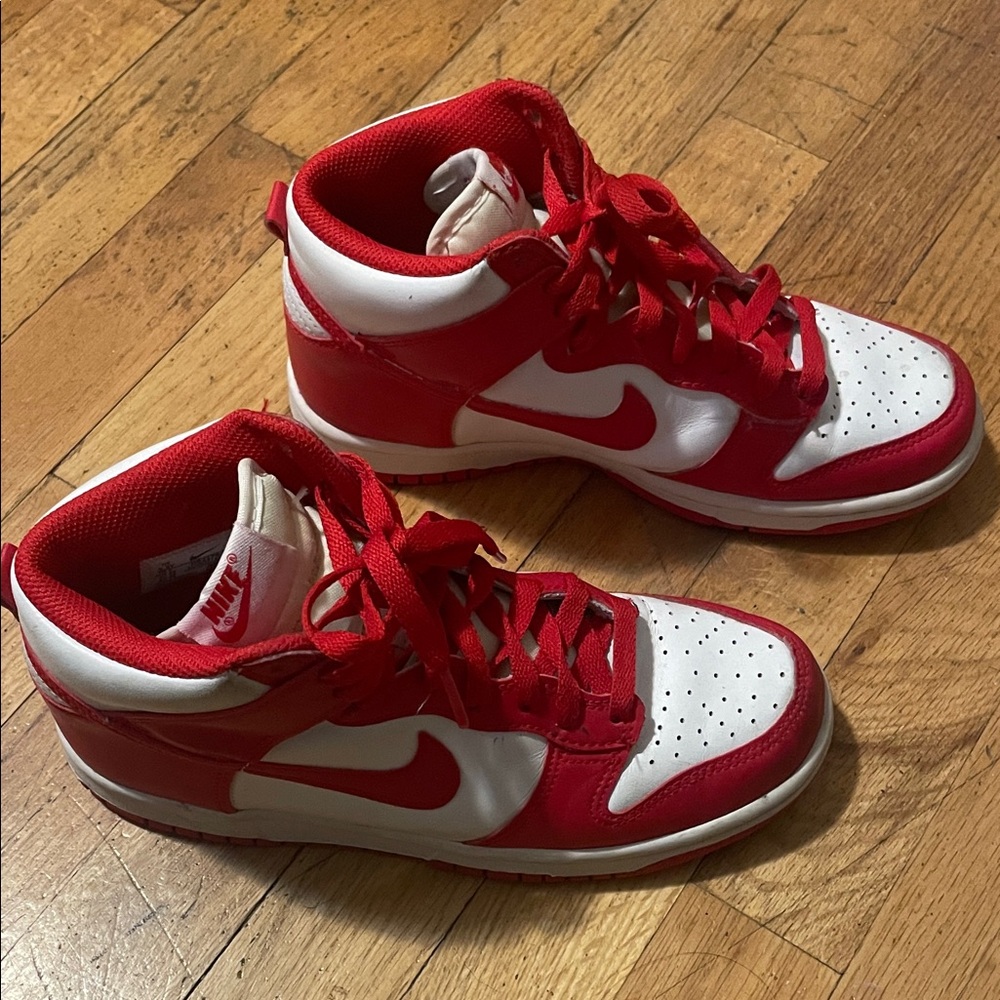 Kids Nike Dunk High 'Championship Red' sneaker.